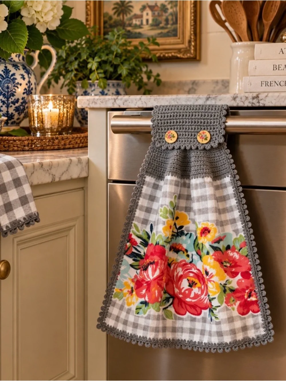Handmade Crochet Pioneer Woman Hanging Kitchen Towel Gray Gingham Floral